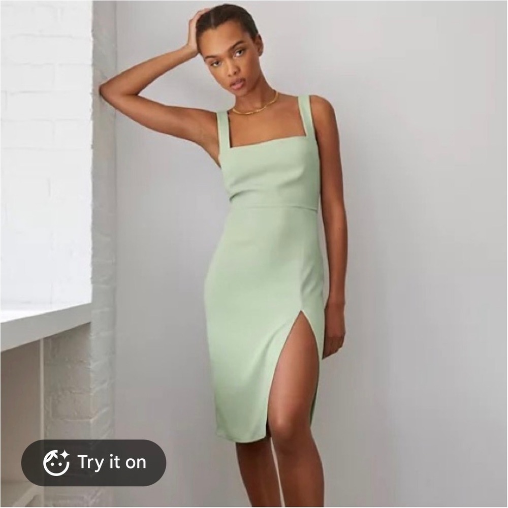 Babaton Aritzia Sage Green Square Neck Midi Dress Side Slit Size 8